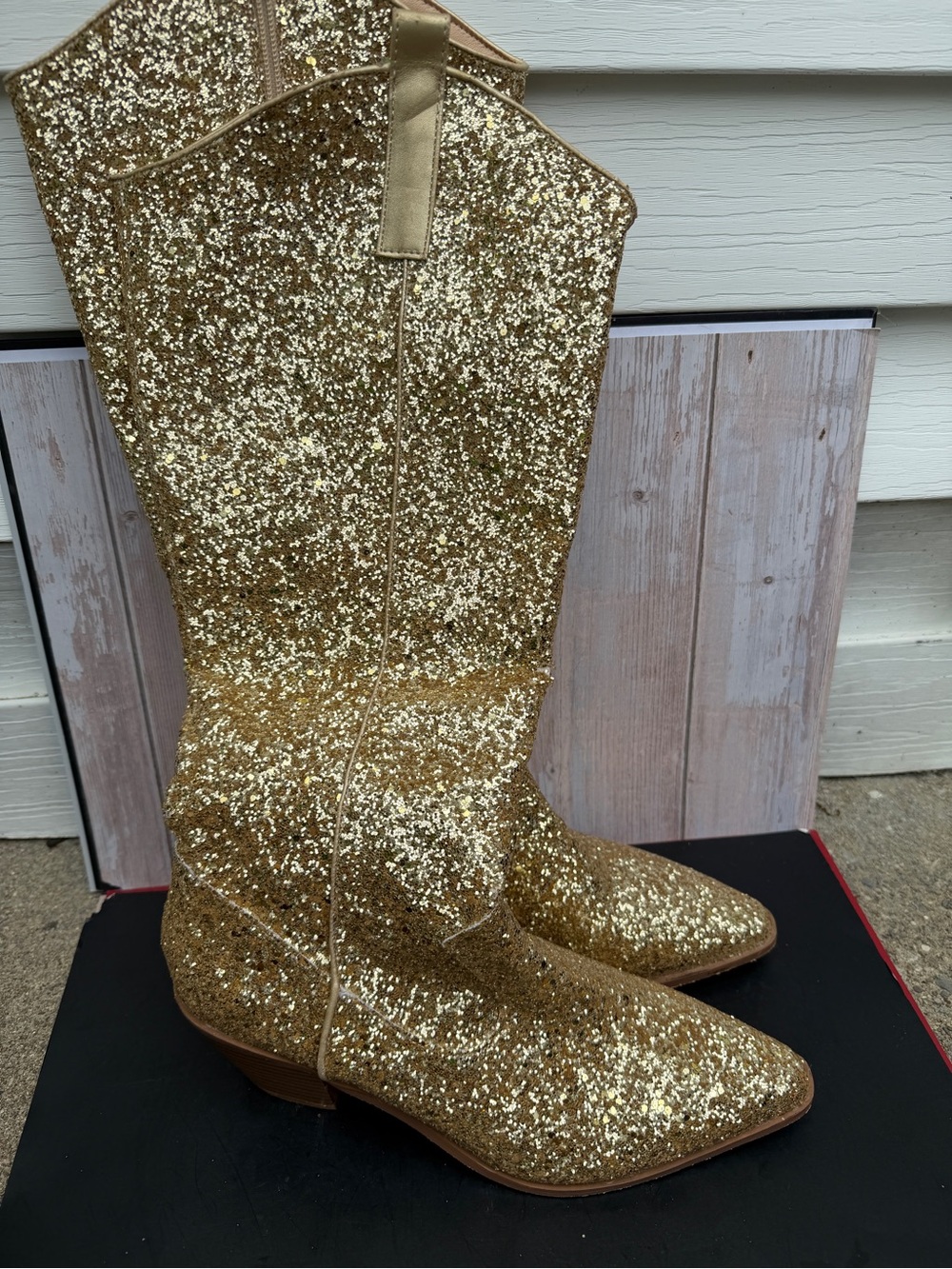 Women's Gold Glitter Knee-High Heeled Boots